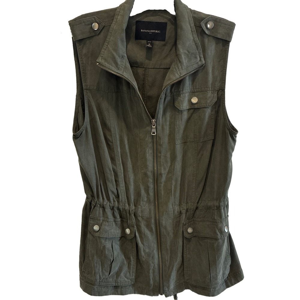 Banana Republic~ Y2K Women's Petite Green Utility Vest~Full Zip Pockets Sz. M